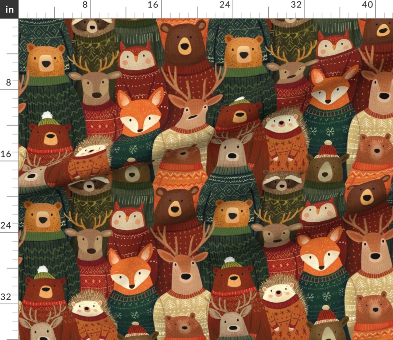Woodland Animals Christmas Holidays Winter Sweaters Bear Reindeer Deer Fox Hedgehog Raccoon Owl Cozy Rustic Novelty Cabincore Lodge Whimsical Custom Printed Fabric by Spoonflower Various Fabrics by the Yard or Fat Quarter